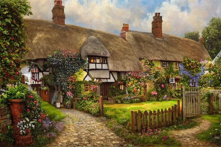 Prompt: A quaint cottage in an English village, merry england, oil on canvas, 4k, detailed, in the style of Andrew Ferez