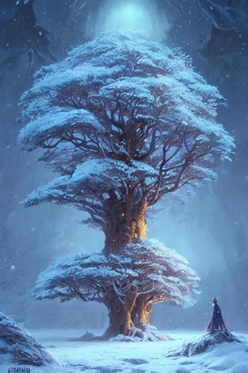 Image similar to giant tree in snow with a castle, unreal engine, fantasy art by greg rutkowski, loish, rhads, ferdinand knab, makoto shinkai and lois van baarle, ilya kuvshinov, rossdraws, tom bagshaw, global illumination, radiant light, detailed and intricate environment