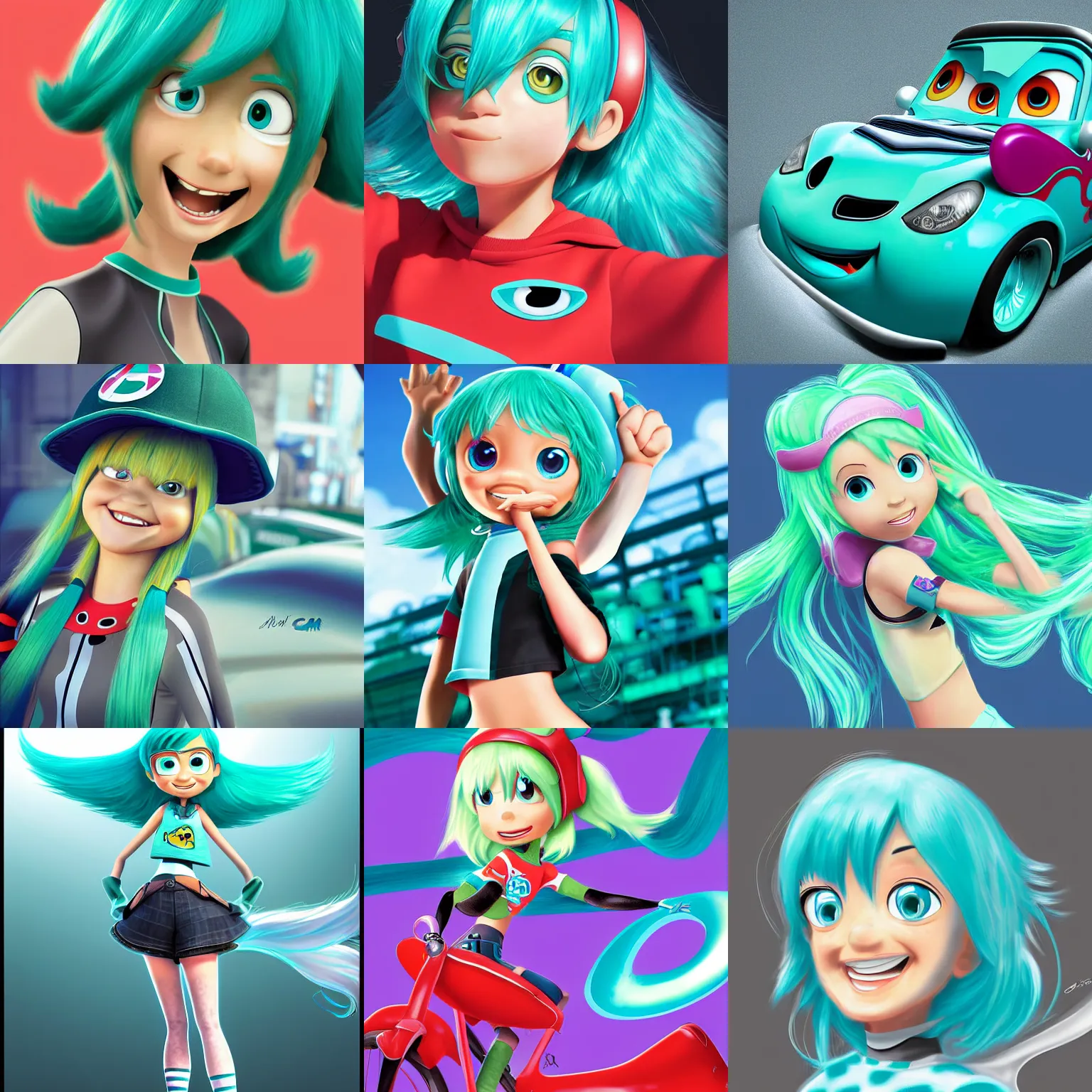 Prompt: a pixar cars character, with the appearance of hatsume miku, digital art, detailed