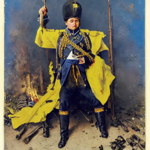 Prompt: Volodymyr Zelensky at war, dressed like Napoleon Bonaparte, sitting on the ground between dead corpses and crying, holding a half burnt blue and yellow flag of Ukraine, in the style of Norman Rockwell