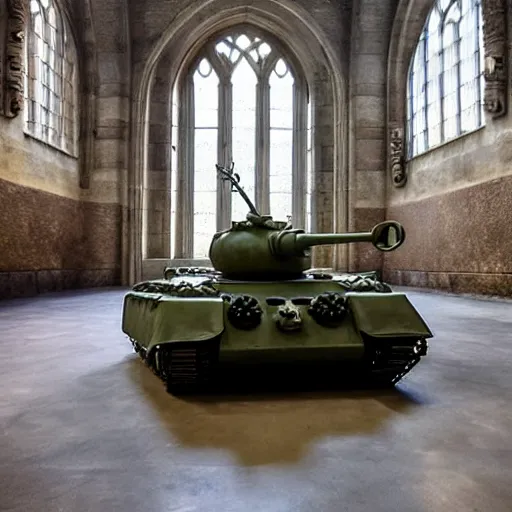 Prompt: Photo of a tank in Hogwarts common room