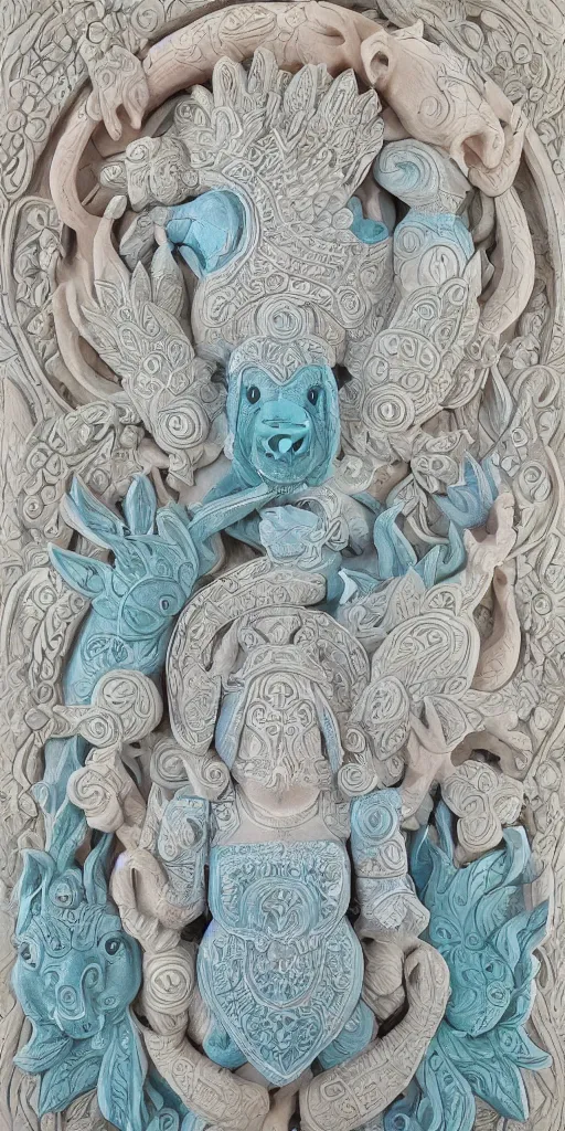 Image similar to intricate colourfully painted carved Soapstone relief paneling, white and pale blue , celestial, pig, piglet, piggy, pig goddess, mother earth, Earth Goddess mythology, Gaia, angels, divinity, Ghostly, crystaline celtic, insanly detailed , artstation, wallpaper, hyper realistic, realistic lighting