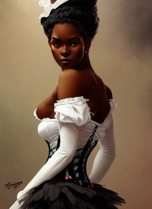 Image similar to cute black woman wearing a white corset dress, fantasy, intricate, highly detailed, digital painting, artstation, concept art, wallpaper, smooth, sharp focus, illustration, art by artgerm and greg rutkowski and alphonse mucha