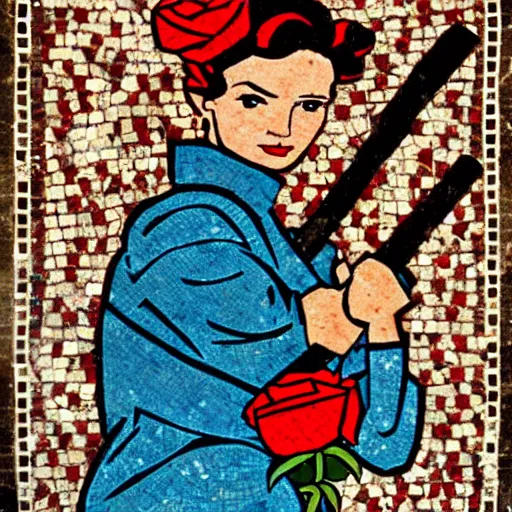 Prompt: Rosie the riveter holding a hammer and sickle, wearing a red rose, on roman mosaic