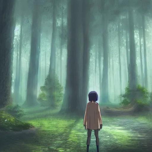 Image similar to stranger in futuristic spiritual mystical post apocalyptic forest, studio ghibli, beautiful, crisp