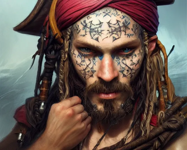 Prompt: close up of a pirate with scars and a face tattoo depicting neural networks and ai, deep focus, d & d, fantasy, intricate, elegant, highly detailed, digital painting, artstation, concept art, matte, sharp focus, illustration, hearthstone, art by artgerm and greg rutkowski and alphonse mucha