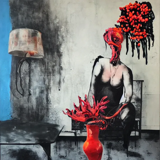 Prompt: empty room with black walls, sensual portrait of a woman, broken vase, spilled flowers, puddle of water, octopus, squashed berries, neo - expressionism, surrealism, acrylic and spray paint and oilstick on canvas