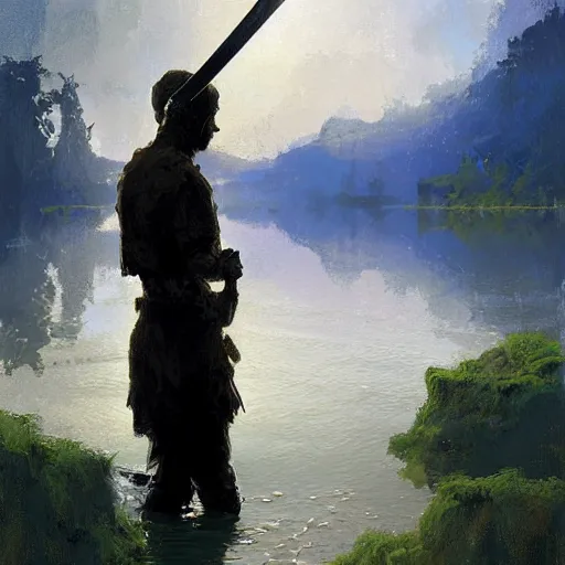 Image similar to digital painting of a hand holding a sword coming out of a lake by james gurney, craig mullins