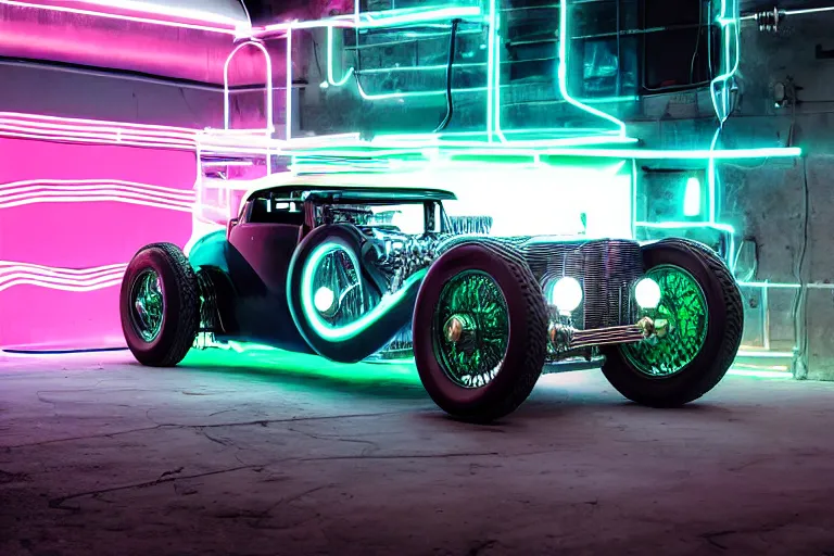 Image similar to cyberpunk version of a 1 9 3 0 cadillac v 1 6, neon