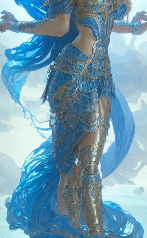 Image similar to a goddess of water wearing blue armor, with arms and hair turning into water, fantasy, intricate, elegant, highly detailed, digital painting, artstation, concept art, wallpaper, smooth, sharp focus, illustration, art by artgerm and greg rutkowski and alphonse mucha