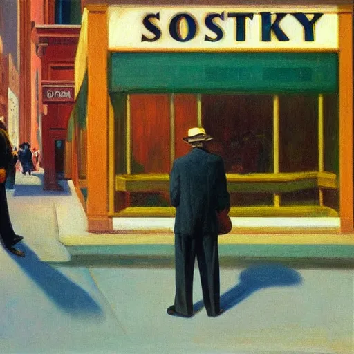 Image similar to A portrait of James Cagney smoking a cigar in a busy downtown Chicago street, circa 1940s, painting by Edward Hopper