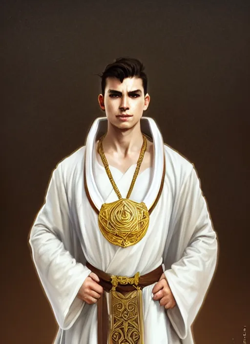 Image similar to symmetry!! d & d portrait of a young hin male cleric, white robe with gold accents, light brown hair pony tail, wry smirk, brown, gold and white cloak, necklace, elegant, highly detailed, digital painting, artstation, concept art, smooth, sharp focus, illustration, art by artgerm and greg rutkowski and alphonse mucha