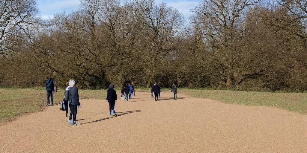 Image similar to Parched ground on Hampstead Heath, people walking with aunt, cracks, blue sky, photorealistic