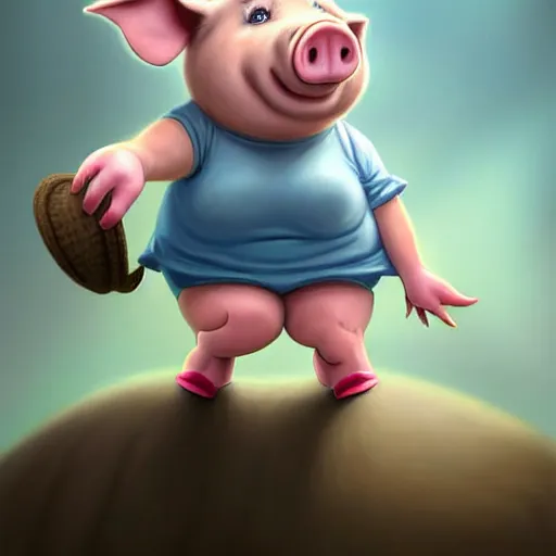 Image similar to cute little anthropomorphic funny female pig wearing shorts, a hat and a pale blue shirt!! tiny!! fully clothed!!! small, short, cute and adorable, character art portrait, matte fantasy painting, deviantart artstation, by jason felix by steve argyle by tyler jacobson by peter mohrbacher, cinema