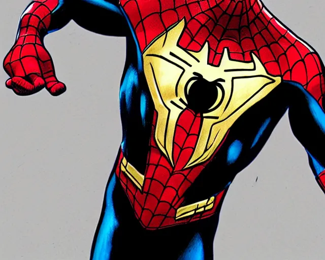 Image similar to photorealistic sketch of black spider - man with gold webbing