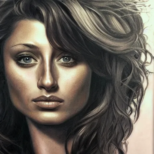 Image similar to pencil art, detailed portrait of aly michalka, intricate, hyper detailed, realistic, oil painting, by julie bell, frank frazetta, cinematic lighting