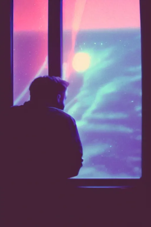 Image similar to agfa vista 4 0 0 photograph of a guy in a spaceship looking out a window into space, back view, synth vibe, vaporwave colors, lens flare, moody lighting, moody vibe, telephoto, 9 0 s vibe, blurry background, grain, tranquil, calm, faded!,