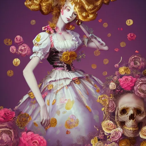 Image similar to 8 k, octane render, realism, tonalism, renaissance, rococo, baroque, portrait of a young - lady wearing long - harajuku manga - dress with flowers!!! and skulls, background - chaotic gold leaf flowers, cotton candy!!!!