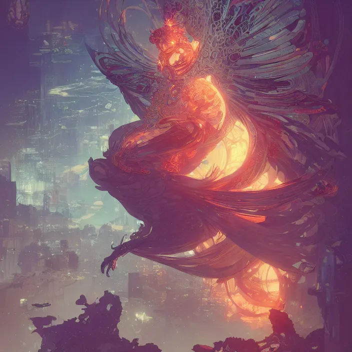 Prompt: concept art by victo ngai and lfons mucha, greg rutkowski, portrait of cyberpunk phoenix, dim lighting, detailed portraits, unreal engine 5, highly rendered,, digital painting, artstation, concept art, smooth, sharp foccus ilustration, detailed and intricate environment ， artstation hq