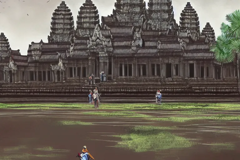 Image similar to angkor wat in the middle of a busy town, concept art, digital painting, artstation