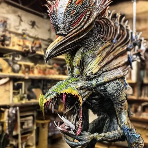 Prompt: photo taken of an epic intricate, ultra detailed, super realistic gritty, hero prop, exquisitely painted animatronic movie prop of a wet slimy grotesque nightmarish hellish winged avian creature displayed in the workshop, created by weta workshop, full body shot, photorealistic, sharp focus