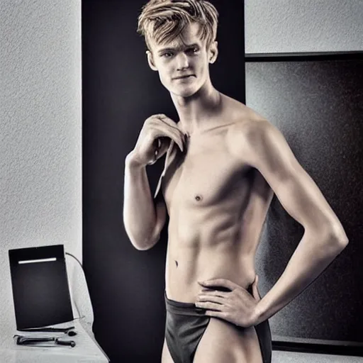 Image similar to a realistic detailed photo of a guy who is an attractive humanoid who is half robot and half humanoid, who is a male android, soccer player martin ødegaard, shiny skin, posing like a statue, blank stare, in a living room, on display, showing off his muscles