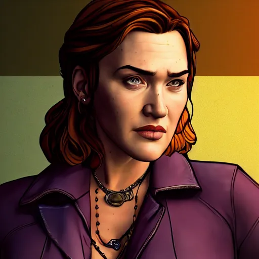 Image similar to kate winslet portrait, borderlands, tales from the borderlands, the wolf among us, comic, cinematic lighting, studio quality, 8 k