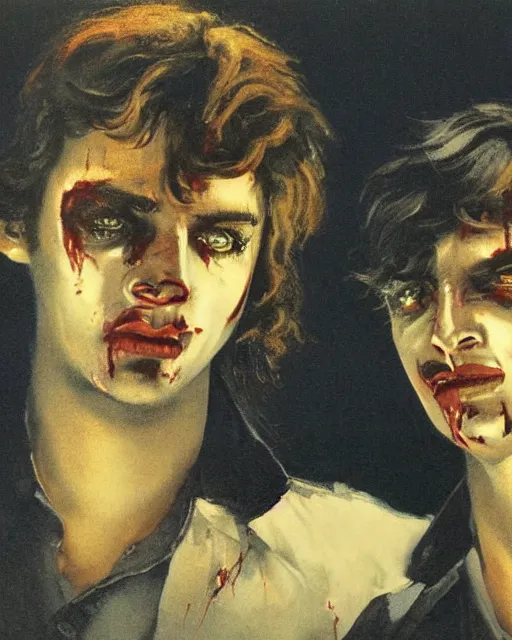 Image similar to two handsome but sinister young men in layers of fear, with haunted eyes and wild hair, 1 9 7 0 s, seventies, wallpaper, a little blood, moonlight showing injuries, delicate embellishments, painterly, offset printing technique, by brom, robert henri, walter popp