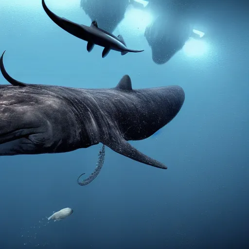 Prompt: Sperm whale and King squid fight in the deep sea, volume light, unreal engine 4,4k,