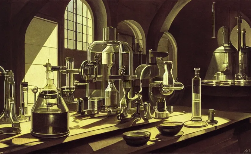 Prompt: alchemy laboratory. by rembrant, battle angel alita, ralph mcquarrie, aluminum, 1 6 6 7