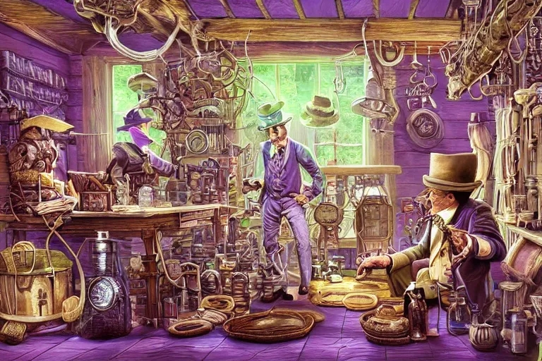 Image similar to Uncle Aloysius, snake oil salesman, wild west crypto pharmaceutical industrialist apothecary alchemist tinkerer engineer, cute, fantasy, intricate, elegant, highly detailed, digital painting, 4k, HDR, concept art, smooth, sharp focus, illustration, purple green color scheme, art by Ed Roth and H R Giger and Greg Rutowski