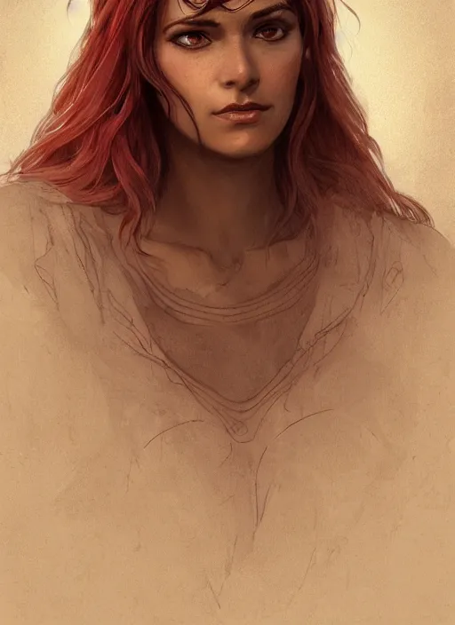 Image similar to portrait of a ruggedly handsome female cleric, soft hair, close - up face, leather, witchy, d & d, fantasy, intricate, elegant, highly detailed, digital painting, artstation, concept art, smooth, sharp focus, illustration, art by artgerm and greg rutkowski and alphonse mucha, plain red background