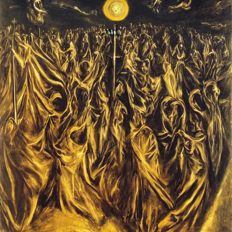 Prompt: A Holy Week procession of souls in a Spanish landscape at night. A figure at the front holds a cross. El Greco, Remedios Varo, Salvador Dali.