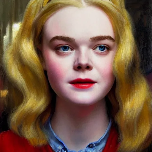 Prompt: Elle Fanning at a diner, head and shoulders portrait, stormy weather, extremely detailed masterpiece, Roger Deakin’s cinematography, oil on canvas, Norman Rockwell,