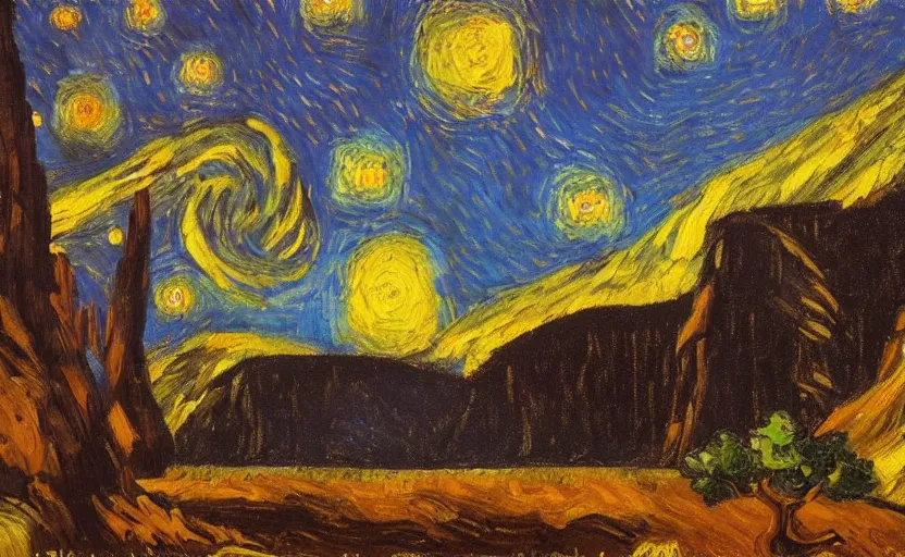 Image similar to yosemite national park at night, painting by van gogh, oil paint,