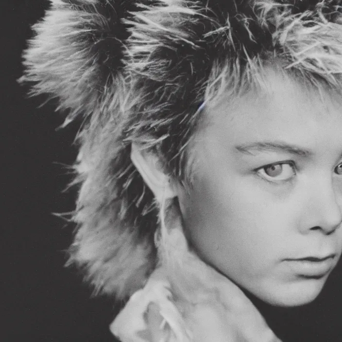 Prompt: epic beautiful young laurie anderson performance in 1 9 8 5 spikey hair blonde cute hd portrait leica zeiss trending
