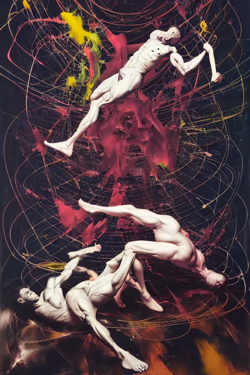 Prompt: muscular men entwined together, floating in space, zero gravity, inside a brutalist space ship, gothic, rich deep colours, painted by francis bacon, adrian ghenie, james jean and petra cortright, part by gerhard richter, part by jenny saville, part by takato yamamoto. 8 k 3 d epic