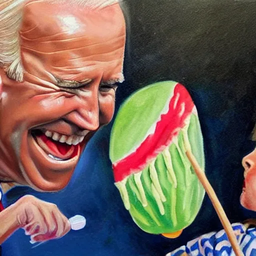 Image similar to a painting of joe biden stealing a lolly from a child