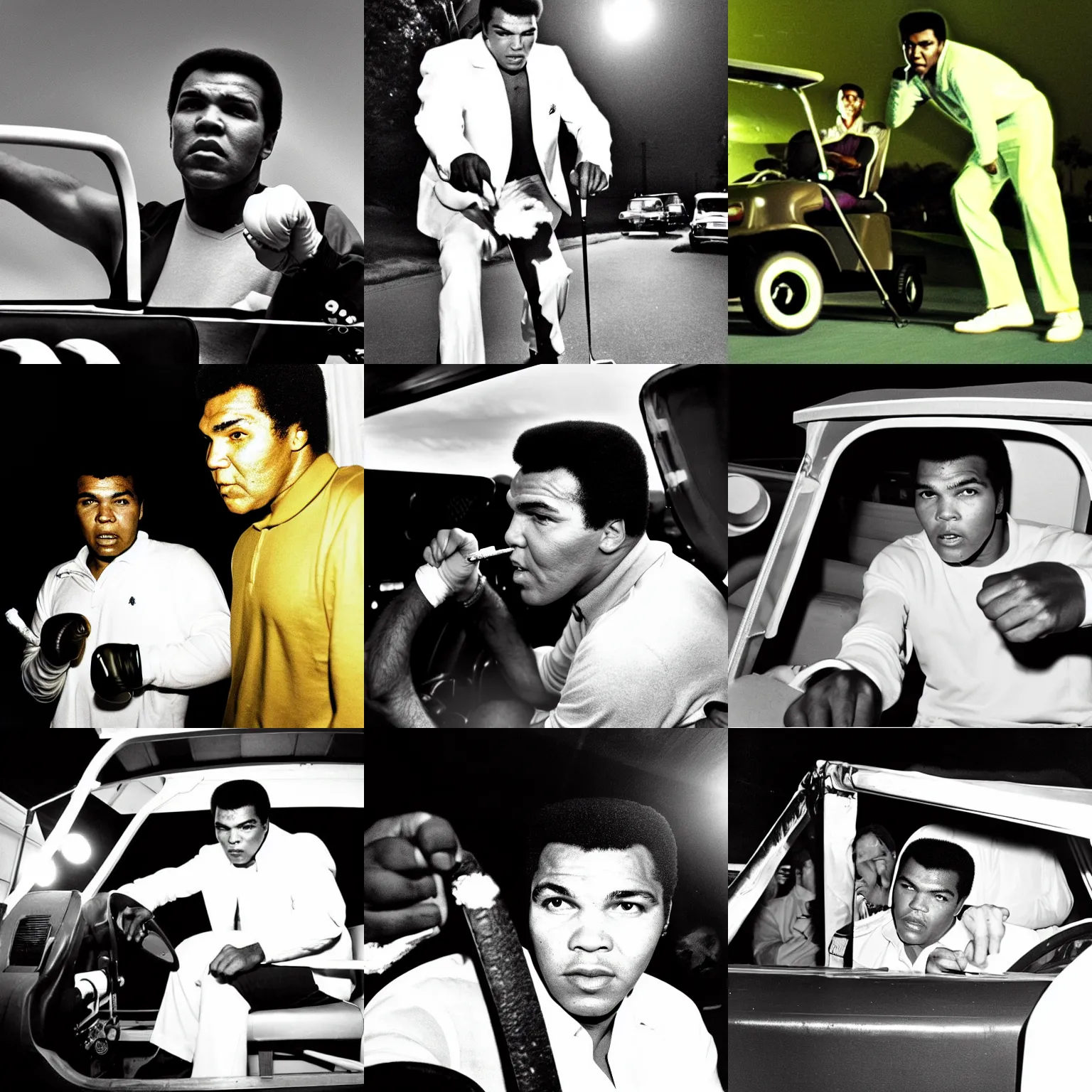 Prompt: Muhammad Ali riding a golf cart smoking a joint, taking a hit of joint with one hand on the steering wheel, night time, cinematic