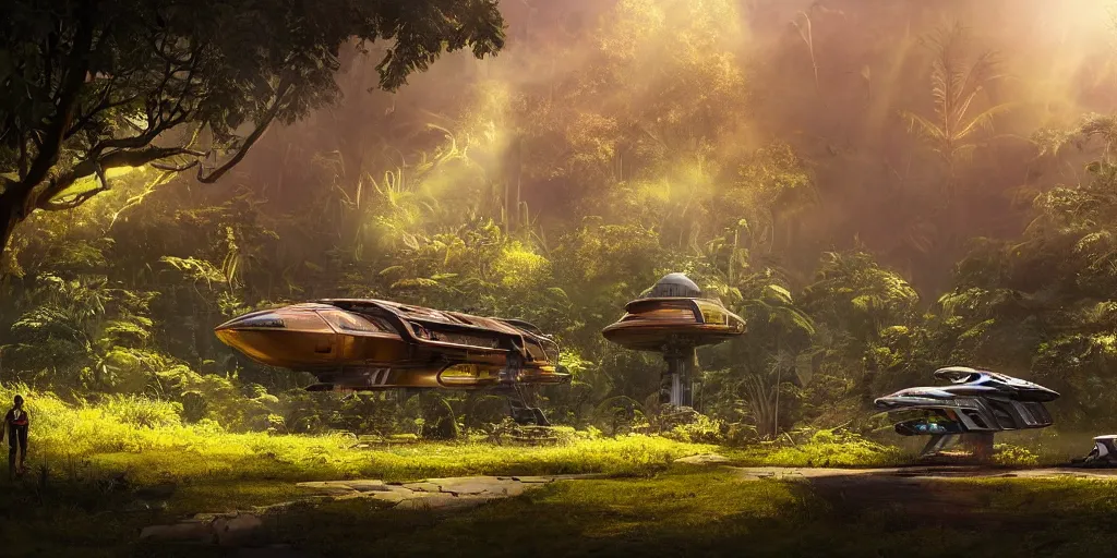 Image similar to a futuristic rusty old spaceship, on a landing pad, surrounded by a lush jungle, in the foreground two explorers are having a conversation, golden hour, sun beams, volumetric light, hyperdetailed, artstation, cgsociety, 8k