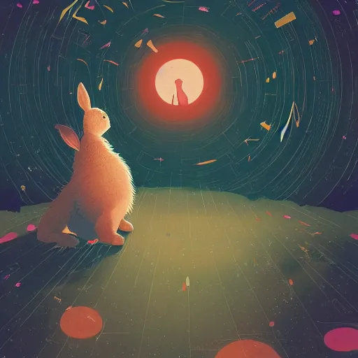 Image similar to A rabbit full of hope, looking for a black hole in an infinite time loop by Victo Ngai and Ghibli andlisk feng and atey ghailan