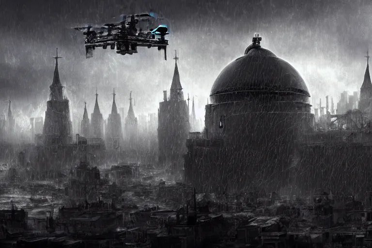 Image similar to Digital art, trending on Artstation, imperial russian warhammer 40k citadel black domes and tall radio spires, Dark and rainy mega city with towering walls built to block the migrants of the coming climate change migrant crisis showing piles of hundred bodies outside to maintain a quality of life for those who can survive the severe and deadly weather patterns observing small children targeted by advanced military style drones, dystopian, pbr render, concept art illustration, tilt shift background, wide depth of field, 8k, 35mm film grain