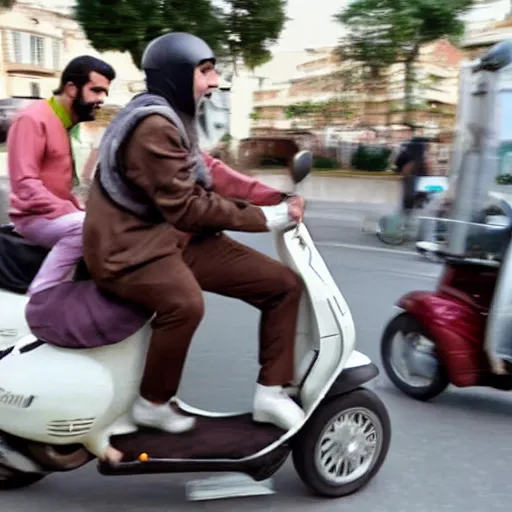 Image similar to a rich arab prince riding a vespa in heavy traffic