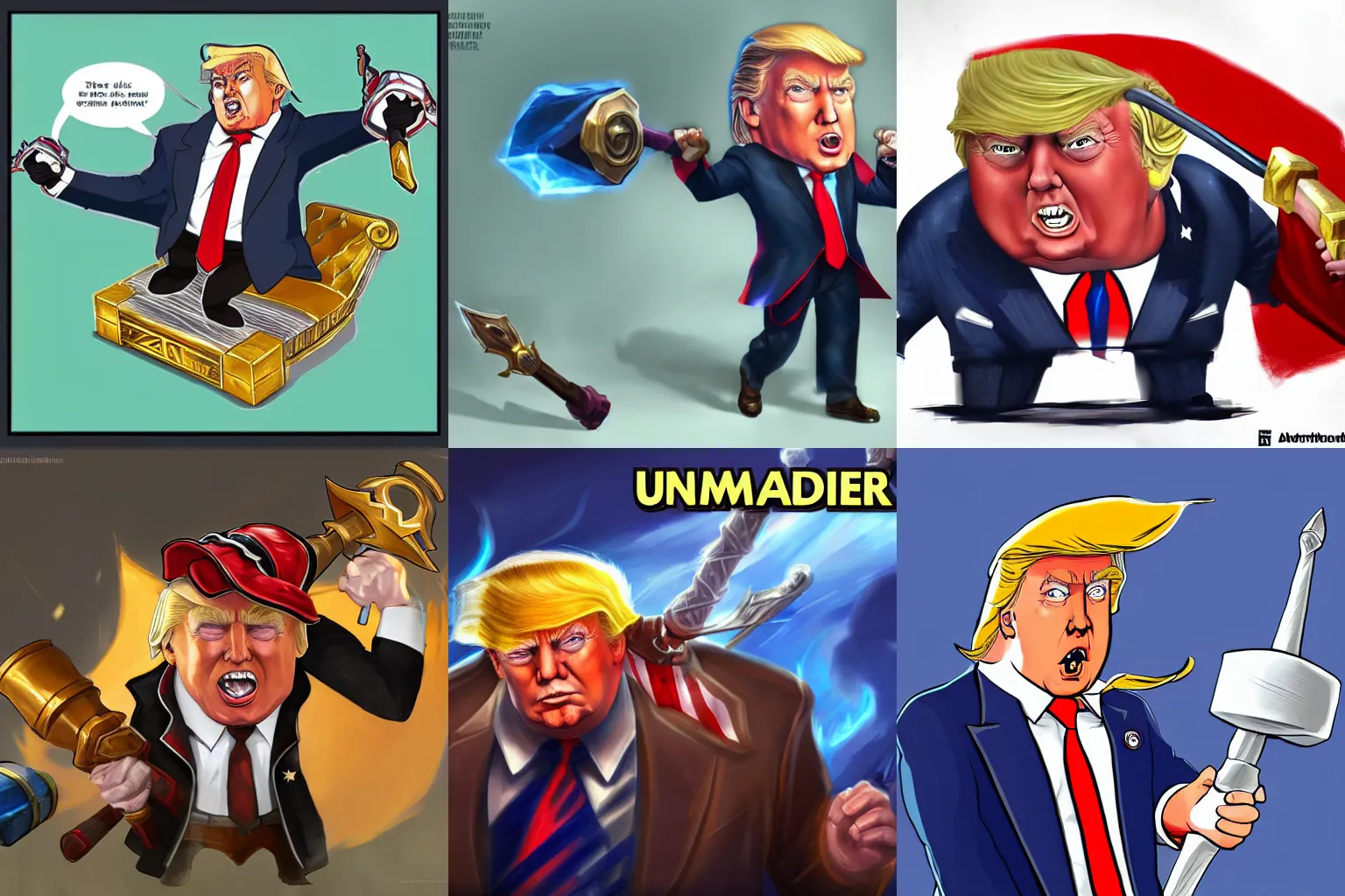 Prompt: Donald Trump wielding a battlehammer un style of league of legends, trending on artstation