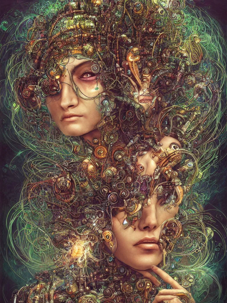 Prompt: an ancient mystical alluring female shaman generating flowing energy and surrounded by wisps of incense smoke meditating in a cybernetic robot temple , face face face, by android jones and brian froud