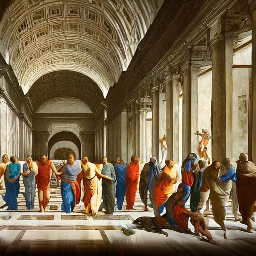 Image similar to the school of athens in cyberpunk style, iconic paiting, concept art, art, hyper detailed, intricate, 8 k, illustration