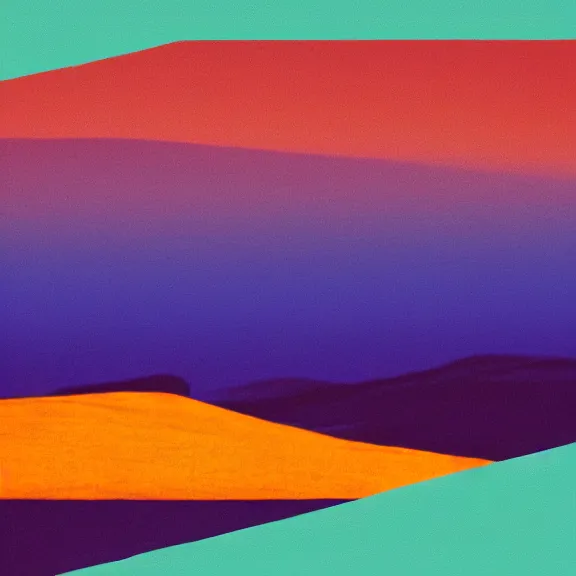 Prompt: rolling hills landscape, teal gradient, boards of Canada film photography 70's, album art