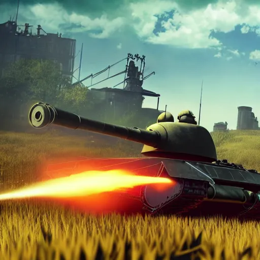 Prompt: a very high resolution image from nier : automata, featuring 9 s android destroying a t 6 2 russian tank in yellow rye field under pure blue skies