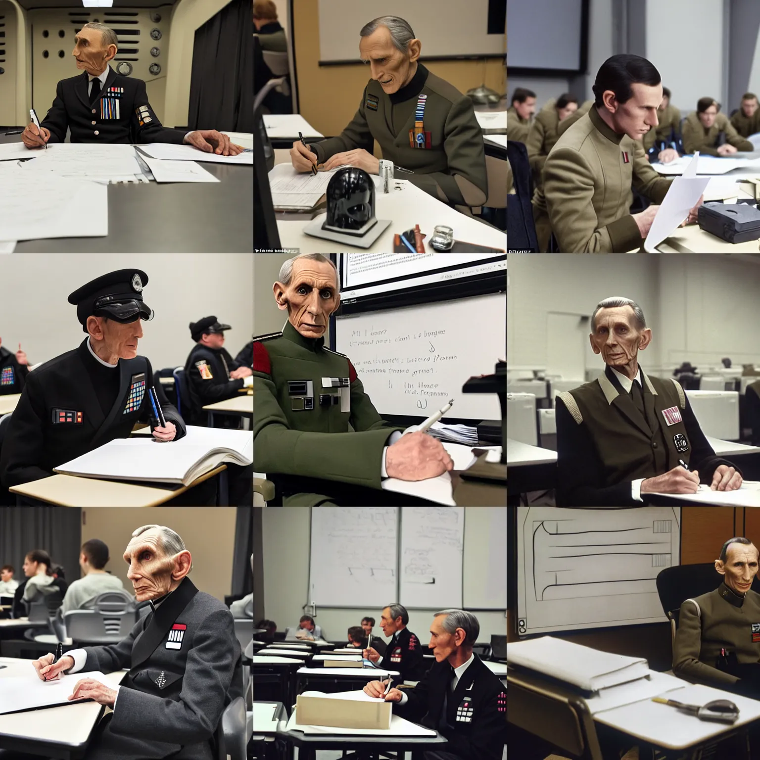 Prompt: an imperial agent from star wars, wearing grand moff tarkin uniform, sitting in the back of a college class, writing rigorous notes on the upcoming midterm test