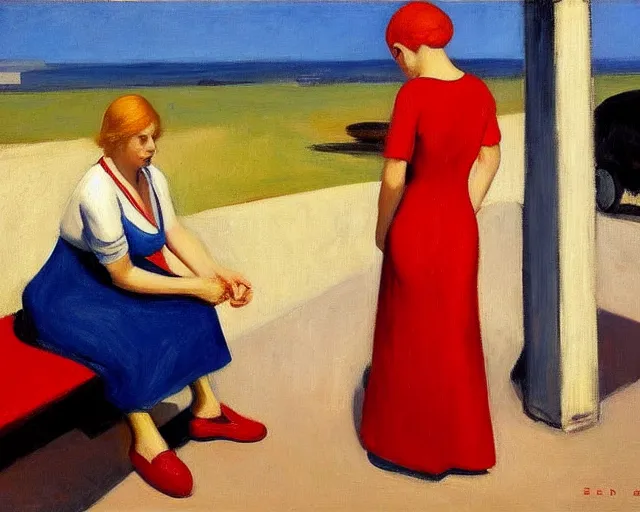 Image similar to blond woman with red and blue shoes in israel, salsa vendor, oil on canvas by edward hopper